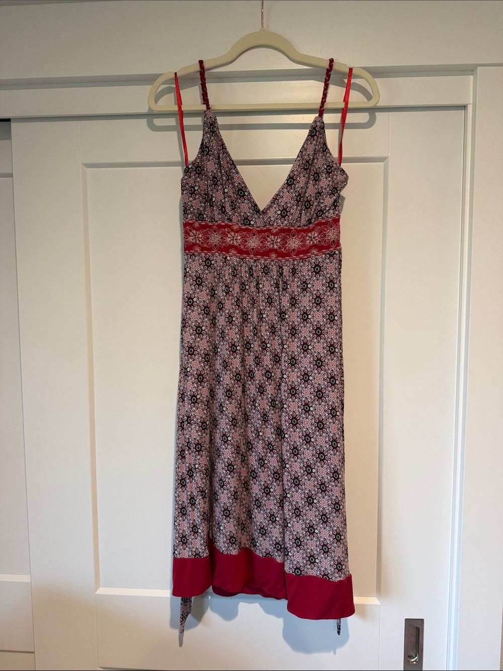 Lulumari Red Floral Midi Dress with Blue and White Accents